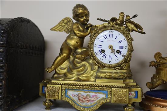 Scheerer of Paris. A late 19th century French ormolu and Sevres style porcelain mantel clock, width 9.75in. depth 5in. height 10.25in.